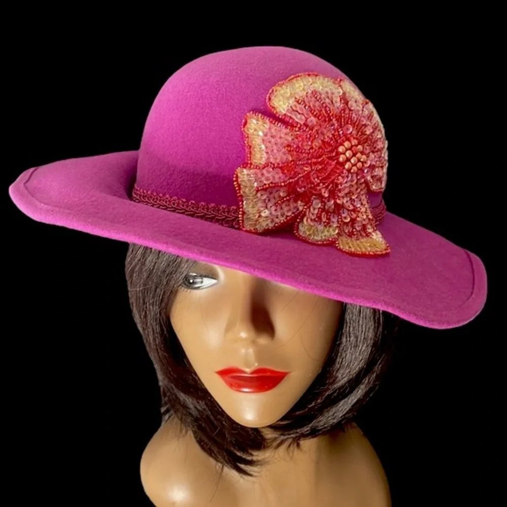 Vintage Fushia Wool Hat with Flower - Picture 2 of 16